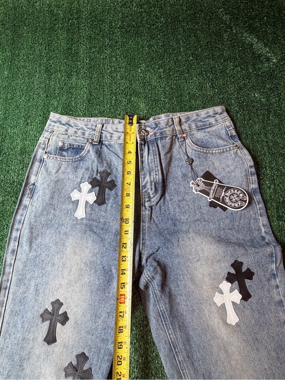 Light Blue Men’s Straight Denim Jeans with Black & White Cross Patches - Picture 10 of 11
